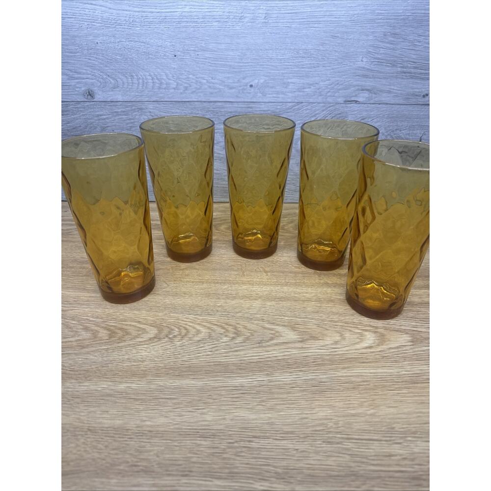 MCM Diamond Optic Gold Hazel Atlas Glasses 6.25”Amber Tumblers 16 Oz ~set Of 5